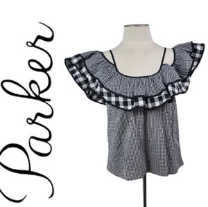 PARKER GINGHAM CHECK CREW NECK RUFFLE SLEEVE OFF SHOULDER ADJUSTABLE STR…